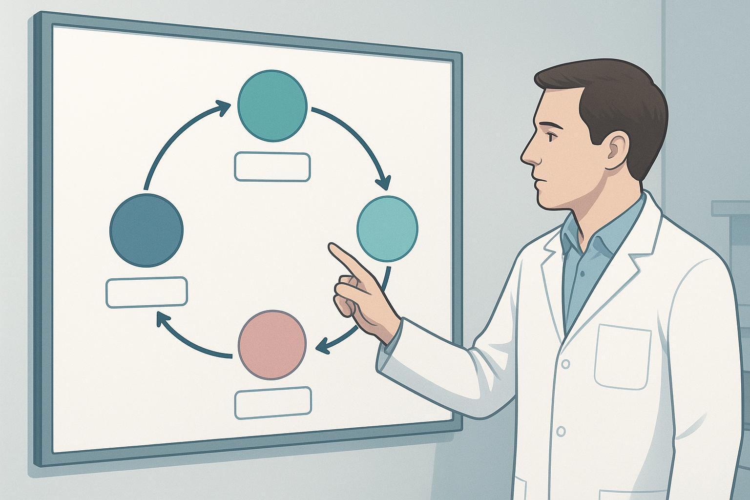 a design–synthesize–test loop drawn as a ring with four handoff points marked, each handoff labeled with a typical delay source such as sequence trans