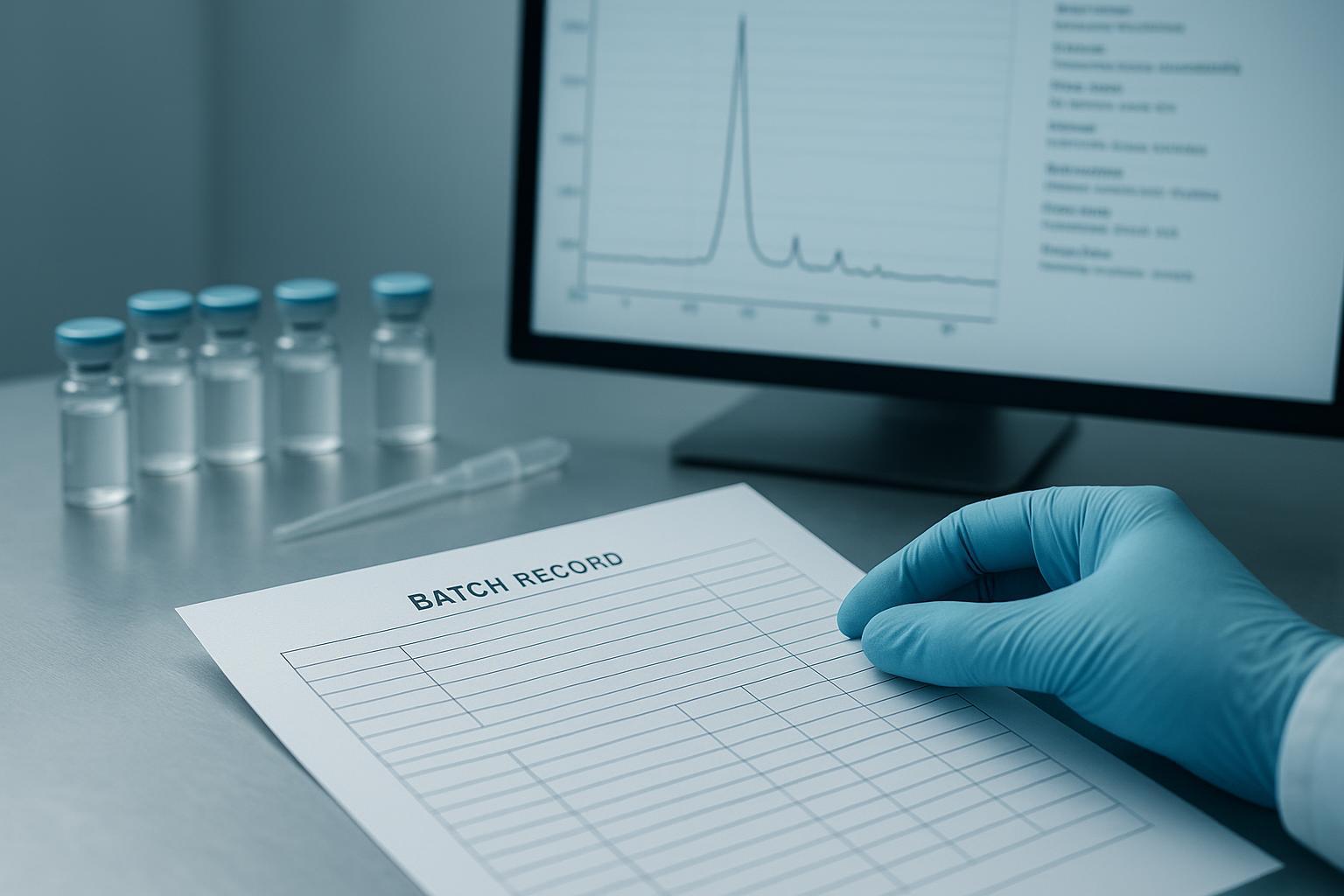 an HPLC trace with the main peptide peak labeled alongside the impurity peaks that fall above the reporting threshold, with method conditions listed i