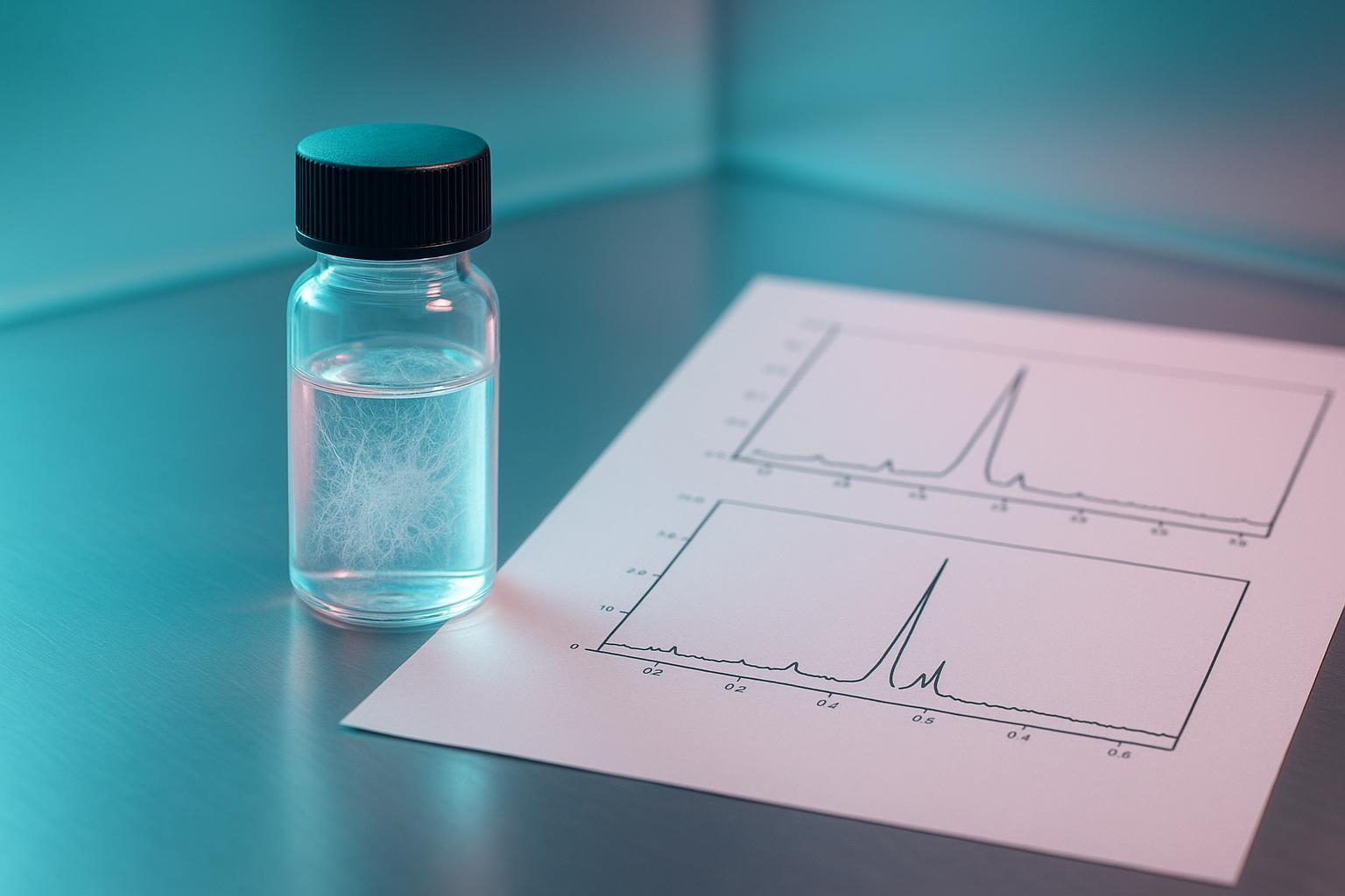 an annotated RP-HPLC chromatogram with the main peak, impurity peaks and the integration baseline marked, next to the corresponding intact-mass spectr
