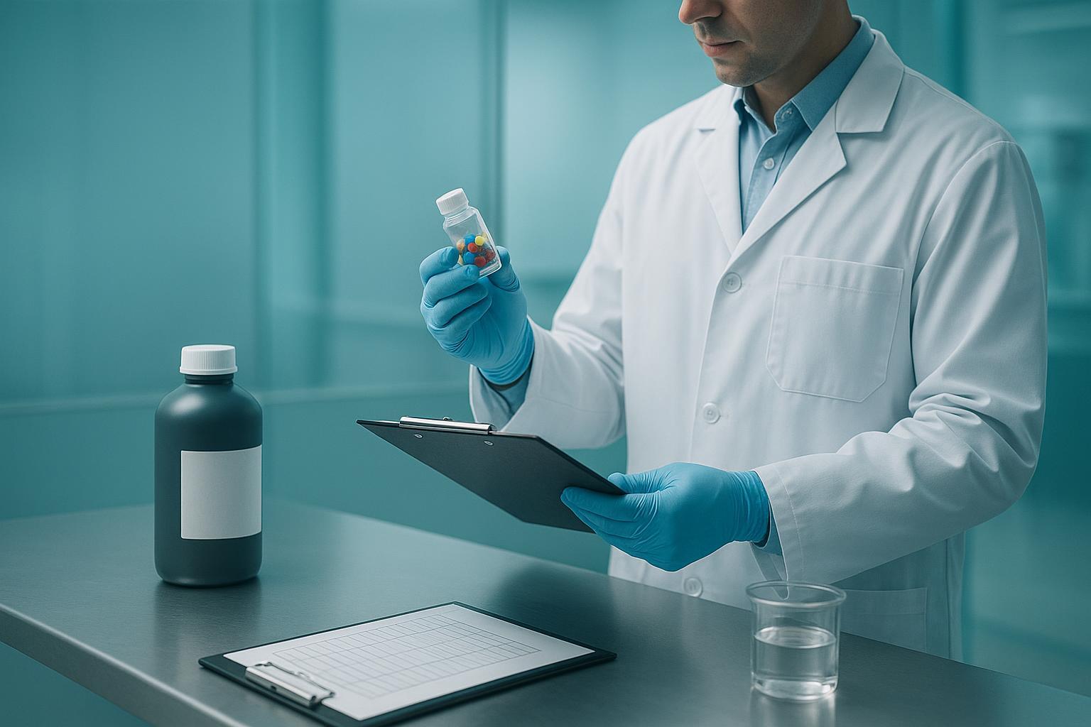 a labeled incoming-materials shelf or receiving bench with building-block vials, a resin container and a lot-number label being checked against a pape