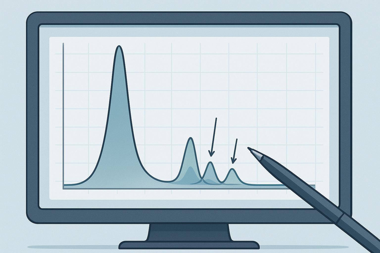 an annotated RP-HPLC chromatogram with a main peptide peak and small labeled impurity peaks marked as oxidized, deamidated and truncated species