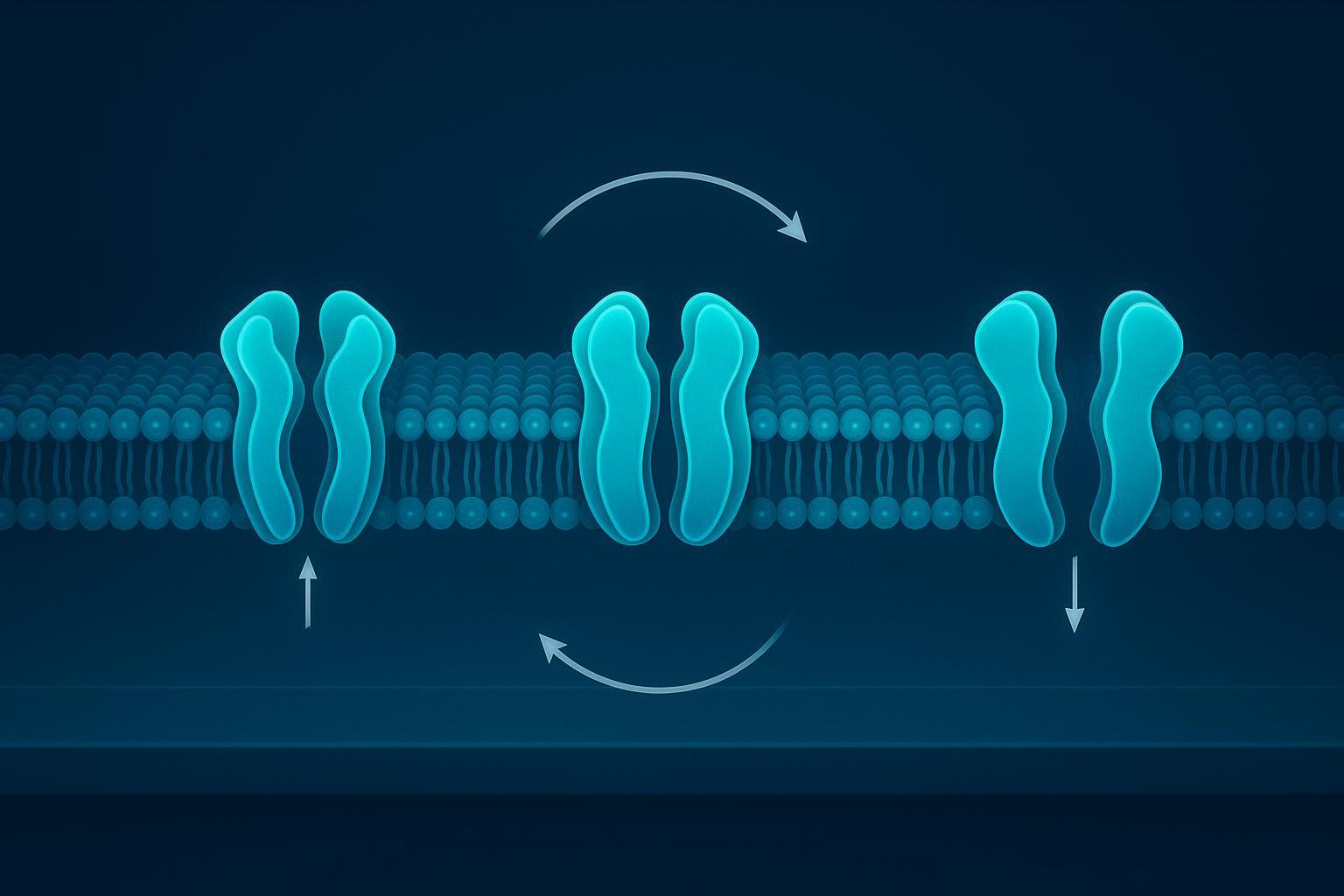 a labeled schematic of an SLC transporter in the membrane showing inward-facing, occluded and outward-facing states of the alternating-access cycle
