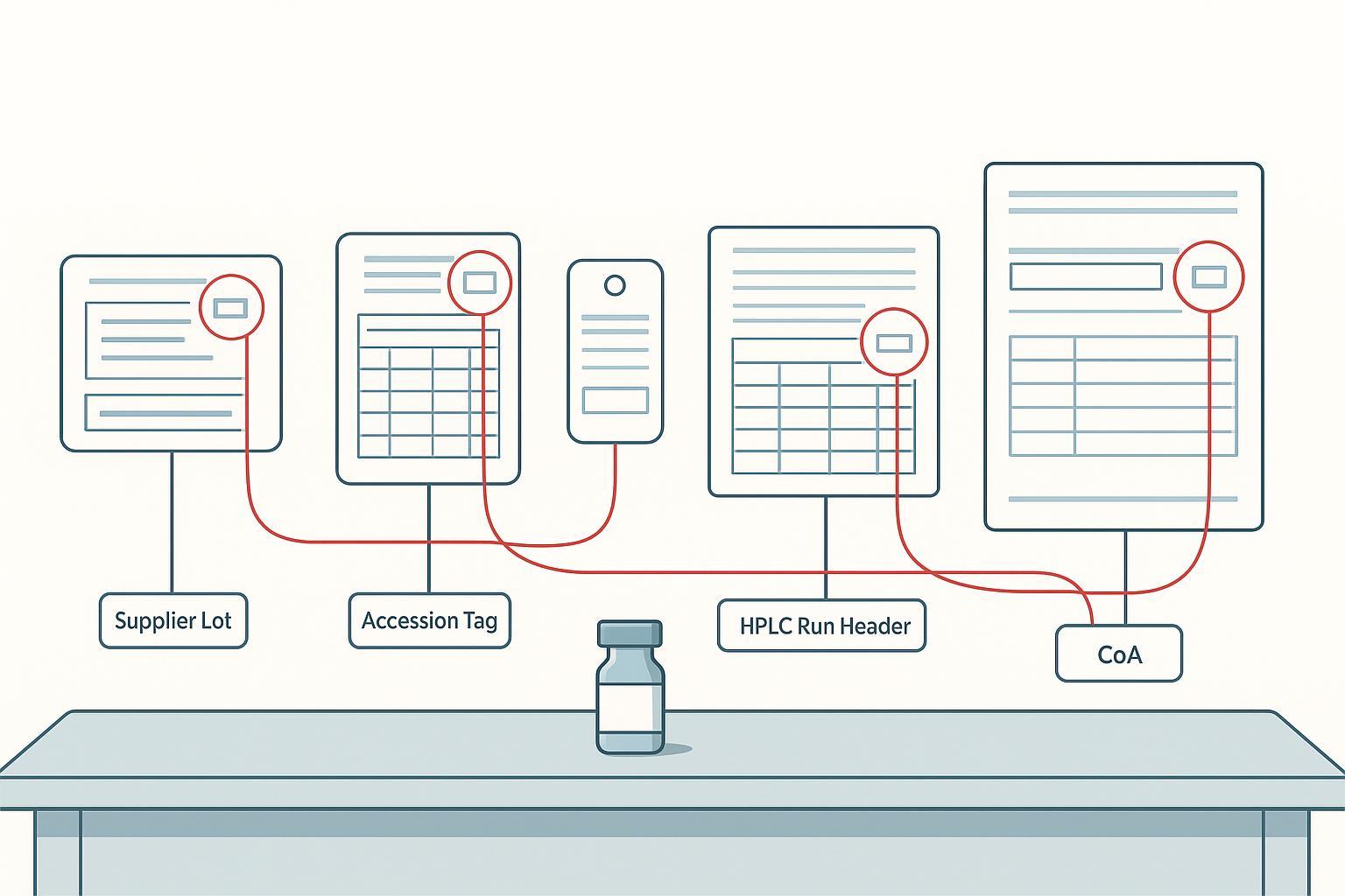 a peptide lot's record set laid out as one chain — supplier lot, internal LIMS lot, accession number, sequence table entry, HPLC/LC-MS run header, ref