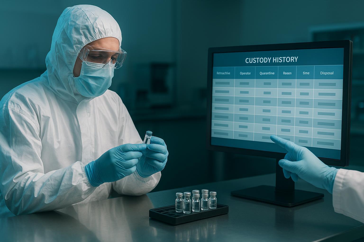 a custody history view for a single peptide lot showing receipt, quarantine release, three aliquot splits, two stability pulls and a disposal entry, e