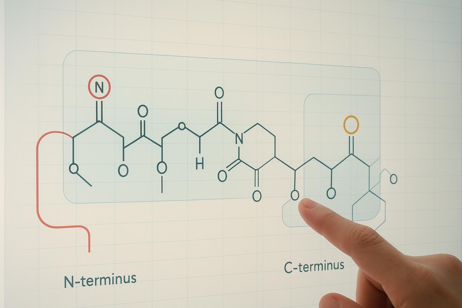 a peptide structure diagram with the N-terminus, C-terminus and one terminal modification highlighted and labeled