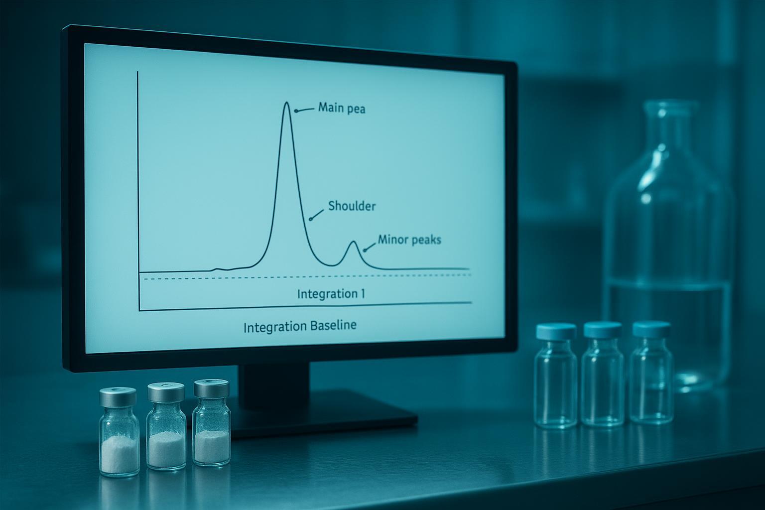 an HPLC trace with the main peak, a shoulder and two minor peaks labeled, plus callouts for detection wavelength and integration baseline