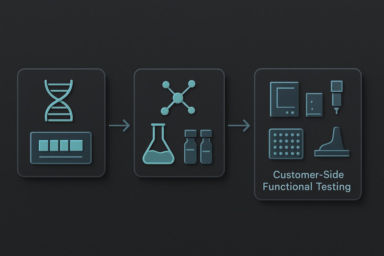a left-to-right pipeline showing sequence design, custom synthesis, analytical release testing (RP-HPLC, MS, counterion, sterility, endotoxin) and the
