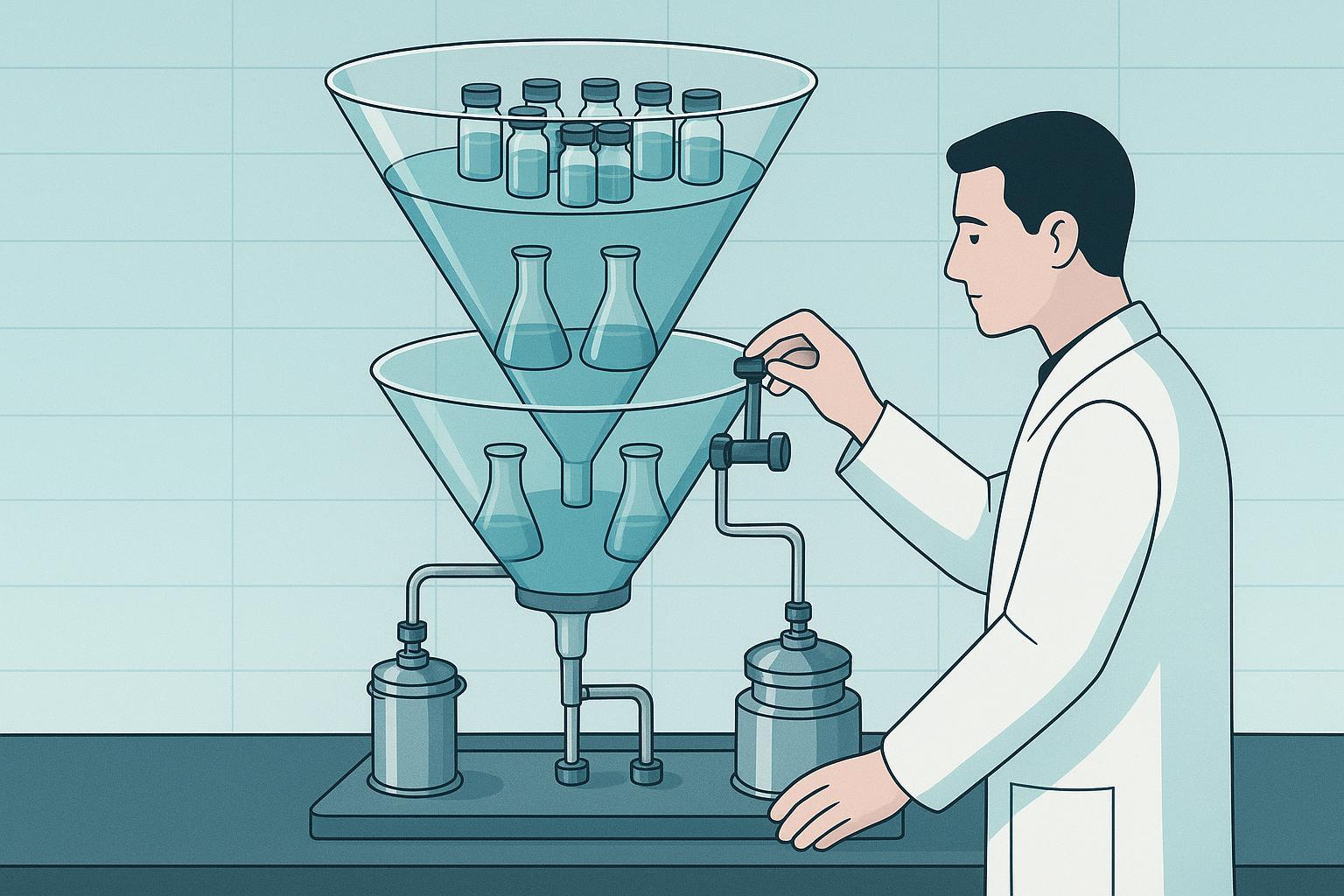 a simple three-tier funnel showing research-stage discovery lots at the top, scale-up and process development in the middle, and GMP API manufacturing
