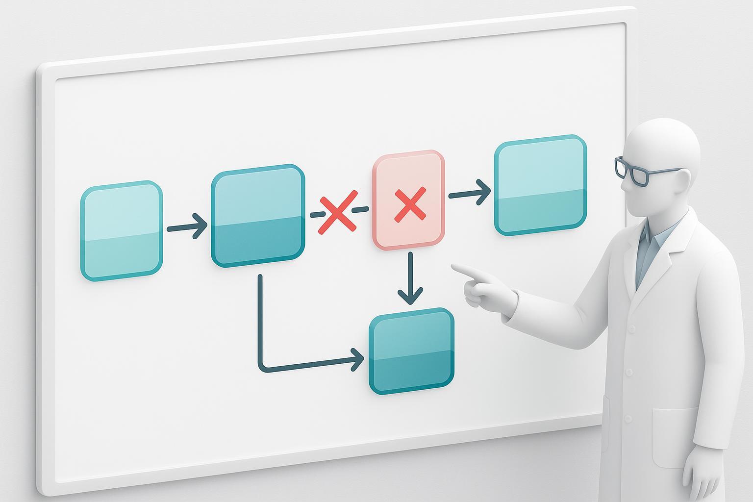 a design-to-assay pipeline with three marked break points labelled evaluation protocol, synthesis feasibility, and material quality, each showing what