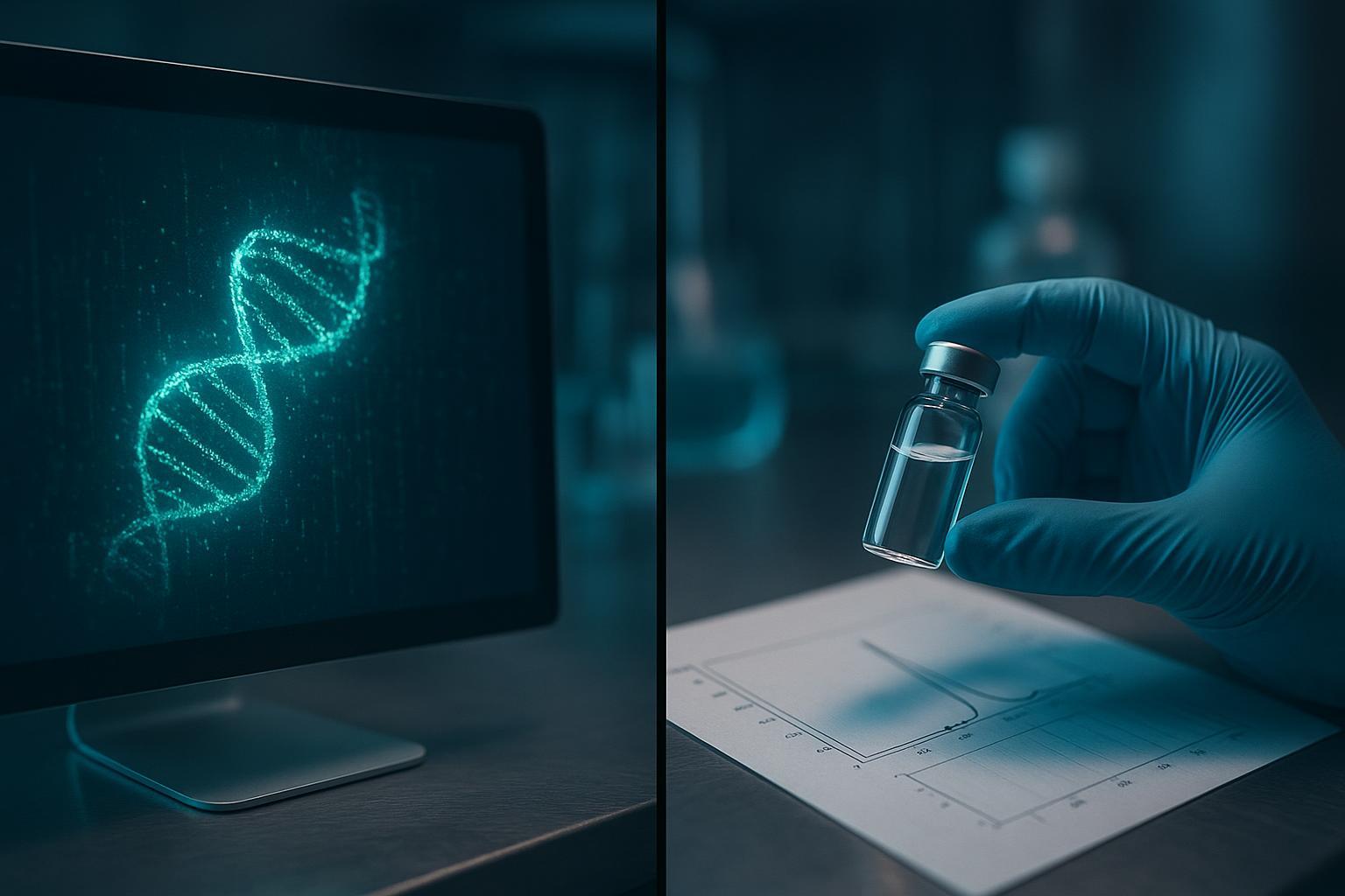 a left panel showing an AI-generated sequence on screen and a right panel showing the same sequence as a synthesized, HPLC-traced vial with an analyti