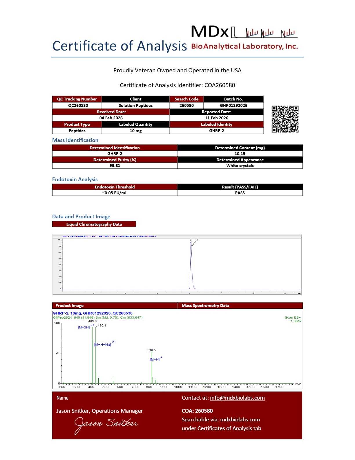 an annotated certificate of analysis with the lot number, manufacture date, analysis date, testing laboratory name, method line, and chromatogram refe