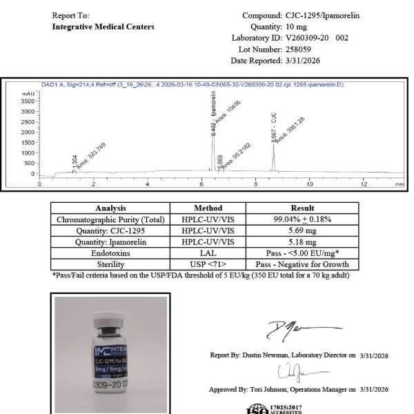a certificate-of-analysis layout with the fields a replication-relevant CoA should carry — HPLC purity, MS identity, чыстае ўтрыманне пептыдаў, counterion i