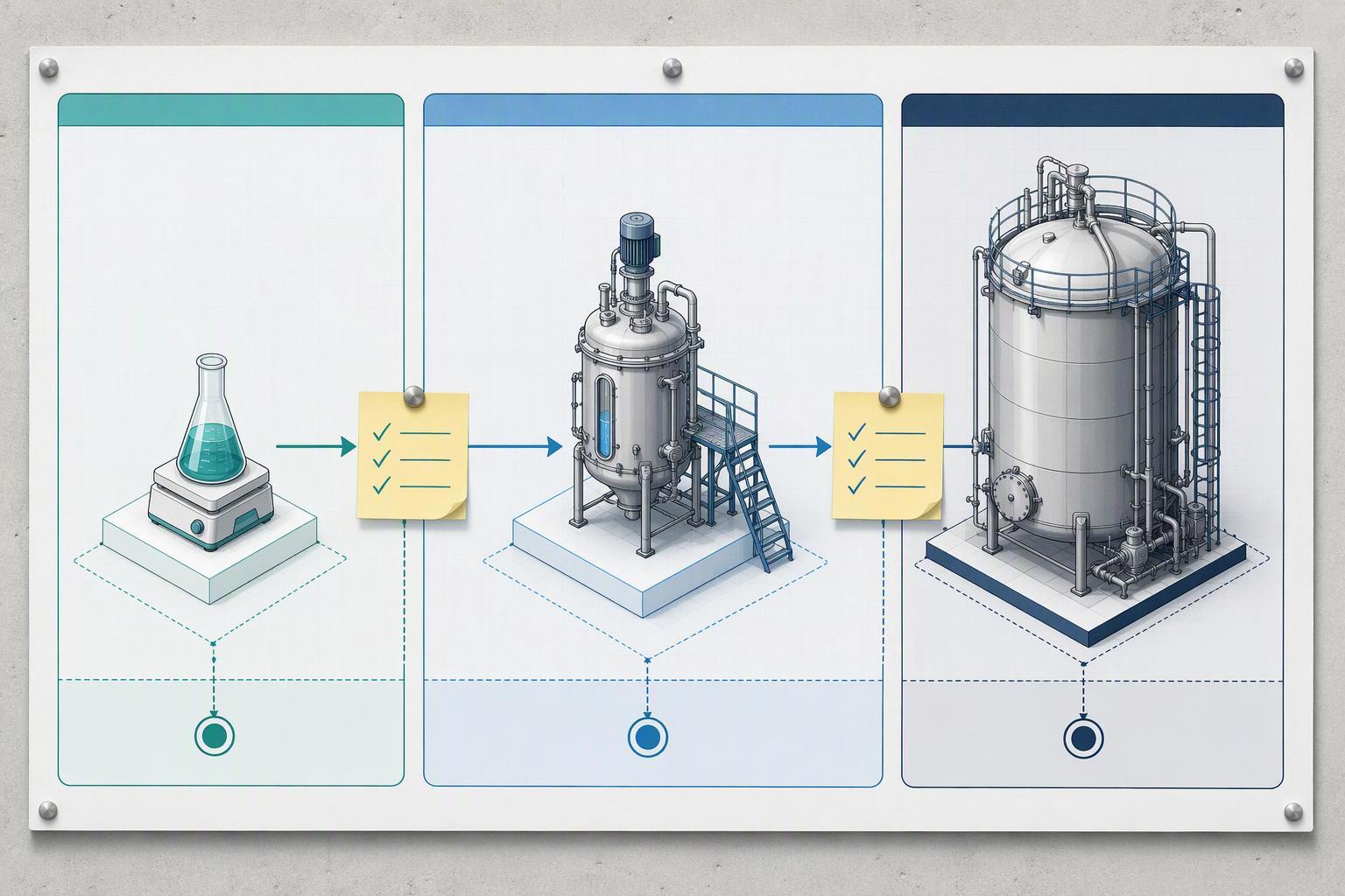 a three-stage synthesis gate diagram showing discovery batch, feasibility confirmation and scale-up, with the decision criterion written at each gate
