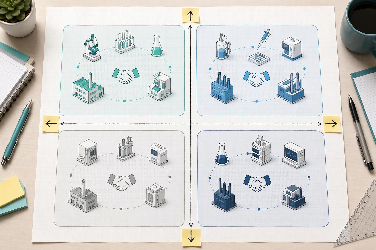 a four-quadrant decision map plotting IP sensitivity against capacity variability, with in-house, hybrid and outsourced zones marked