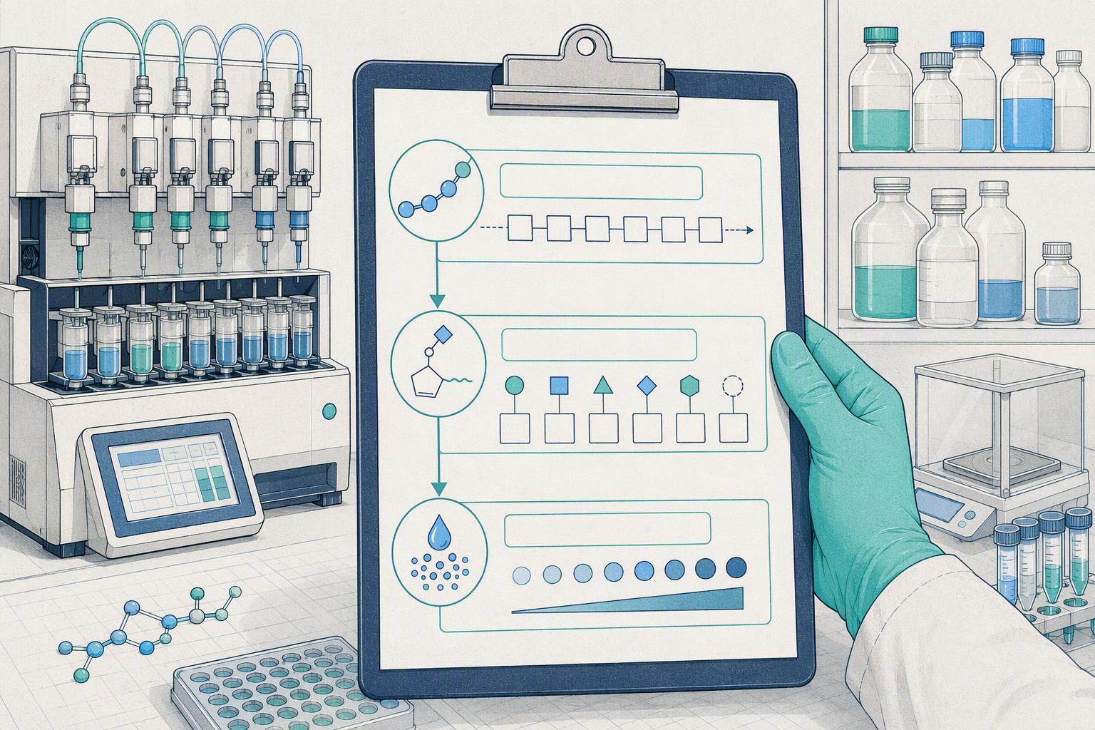a handoff checklist laid out as a single page, with fields for sequence and modifications, route constraints, purity grade and analytical package