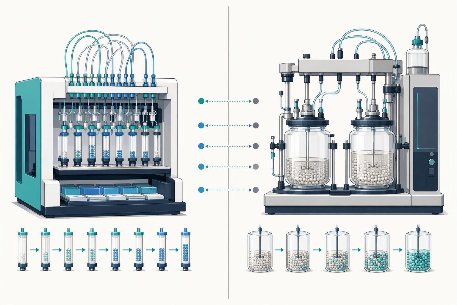 a two-column visual contrasting an oligonucleotide assembly route (short fragments joined by enzymatic ligation) with a stepwise solid-phase peptide c