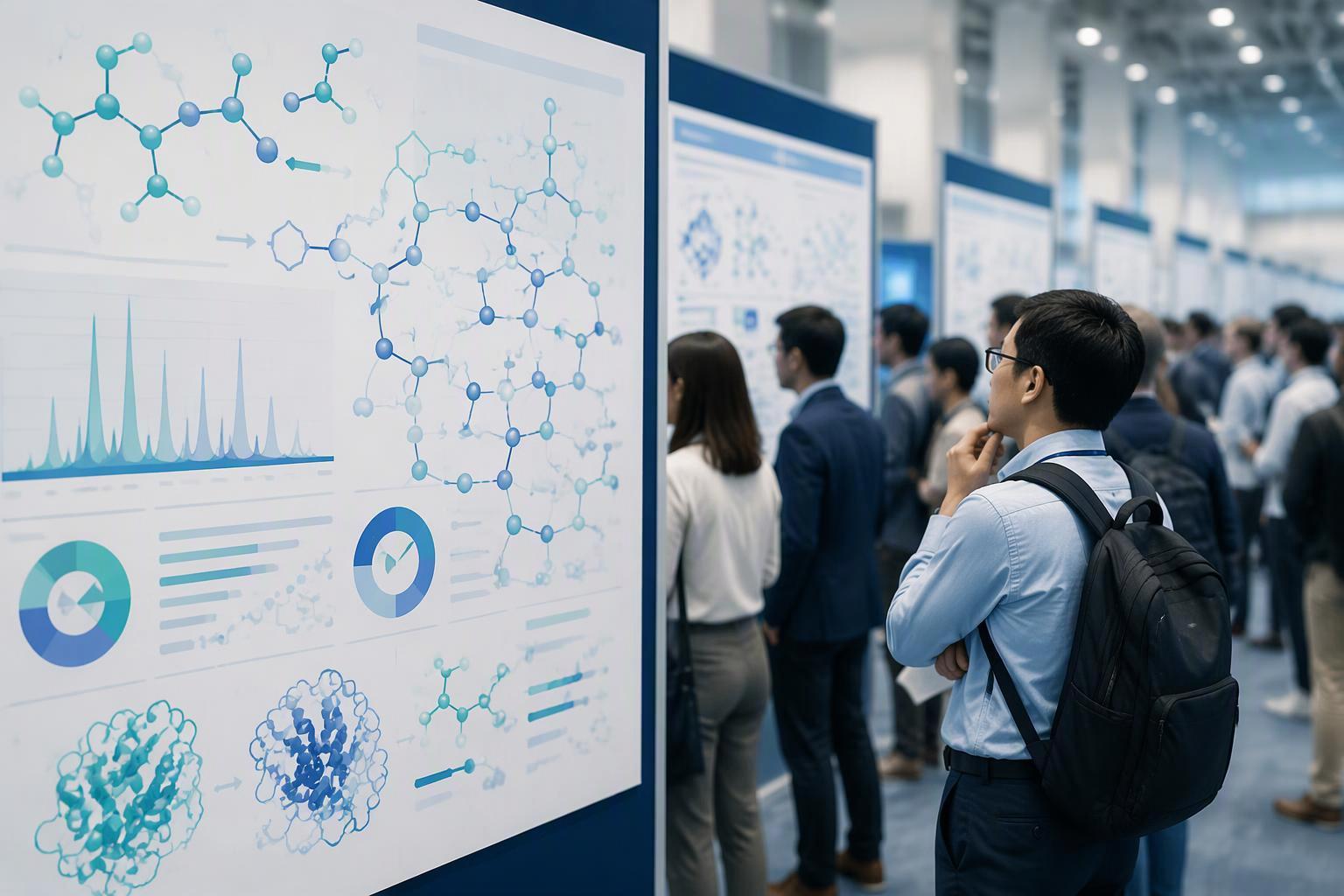 a crowded conference-hall poster row of incretin and metabolic pipeline diagrams, shot slightly out of focus