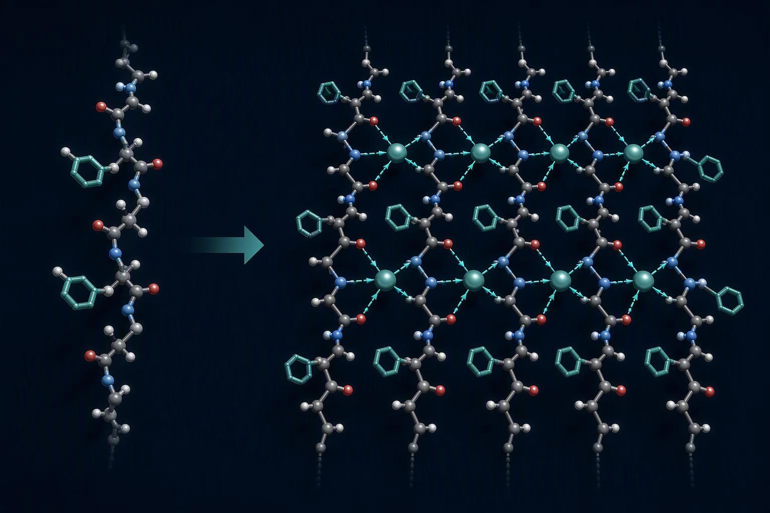 a labeled schematic of a β-strand segment with metal-binding side chains at symmetry-related positions, arrows showing coordination bonds propagating