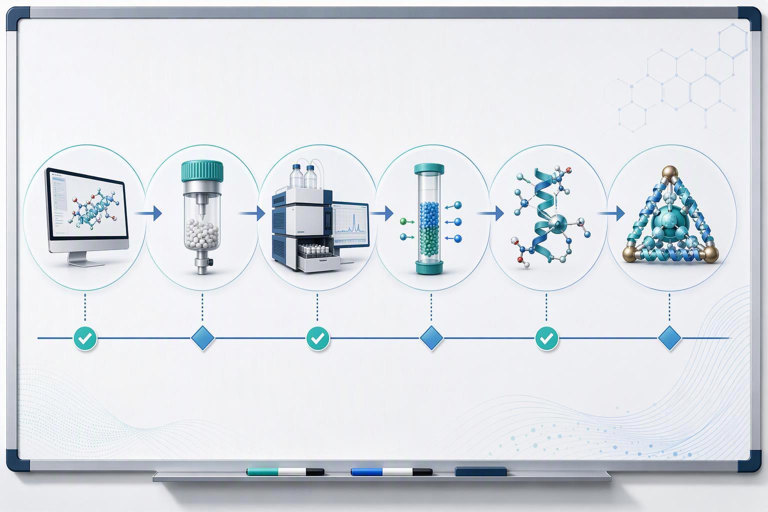 a linear process diagram from sequence design through synthesis, HPLC purification, counterion exchange, metal loading, and assembly, with the analyti