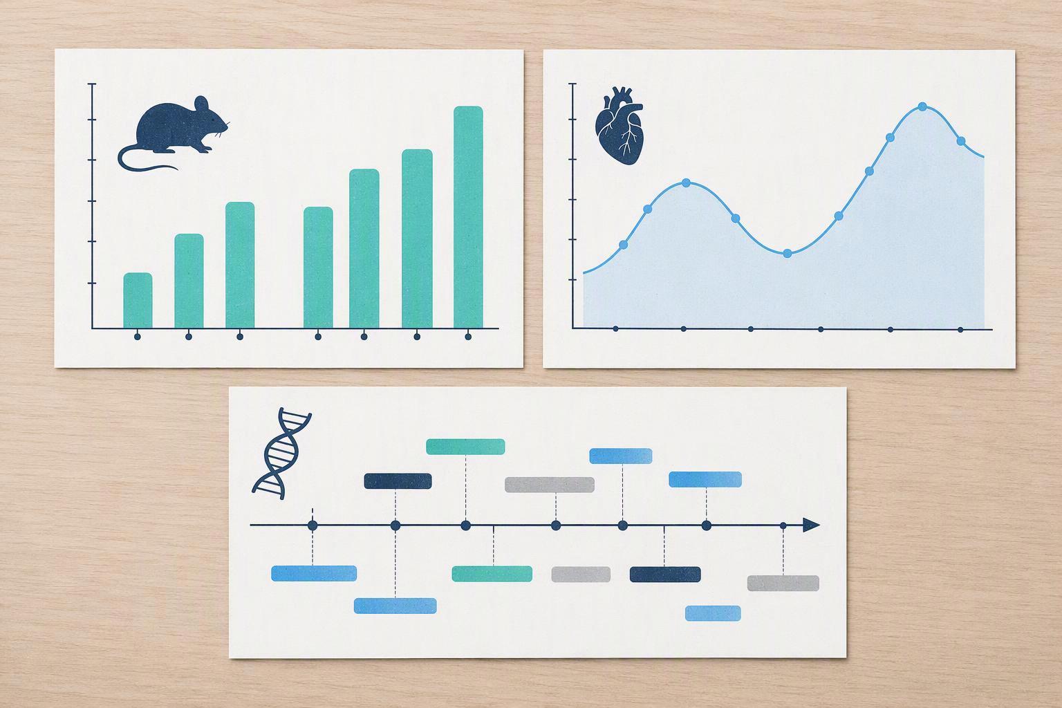 three separate labelled panels side by side — mouse median lifespan, human MACE rates, human epigenetic pace — with no shared axis