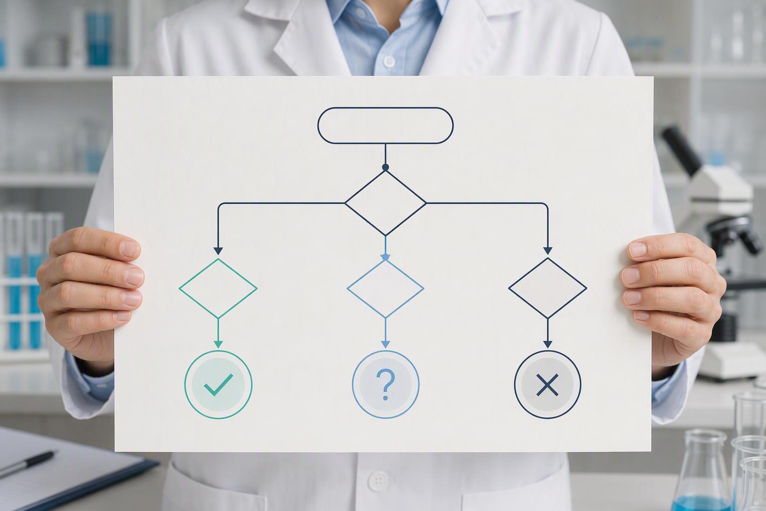 a short branch diagram that routes a supplier page or COA to pass, query or fail based on claim language and document completeness