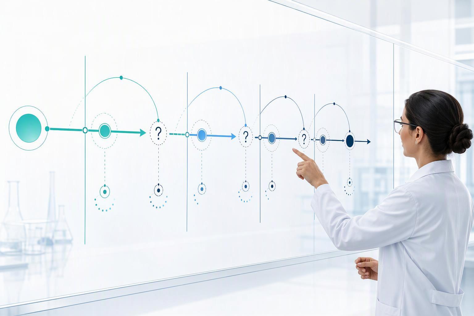 a horizontal discovery-to-development timeline with stage gates marked, and a question mark at each handoff point between design, síntesis, purificat