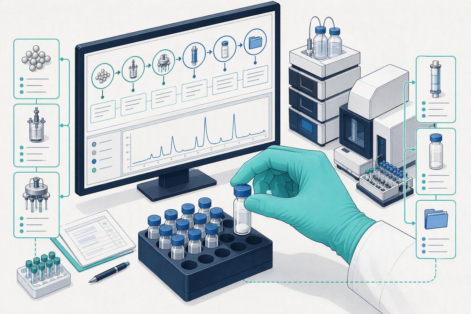 a single synthesis lot traced from resin and amino-acid lot through coupling cycles, purification and analytical release to a machine-readable lot fil
