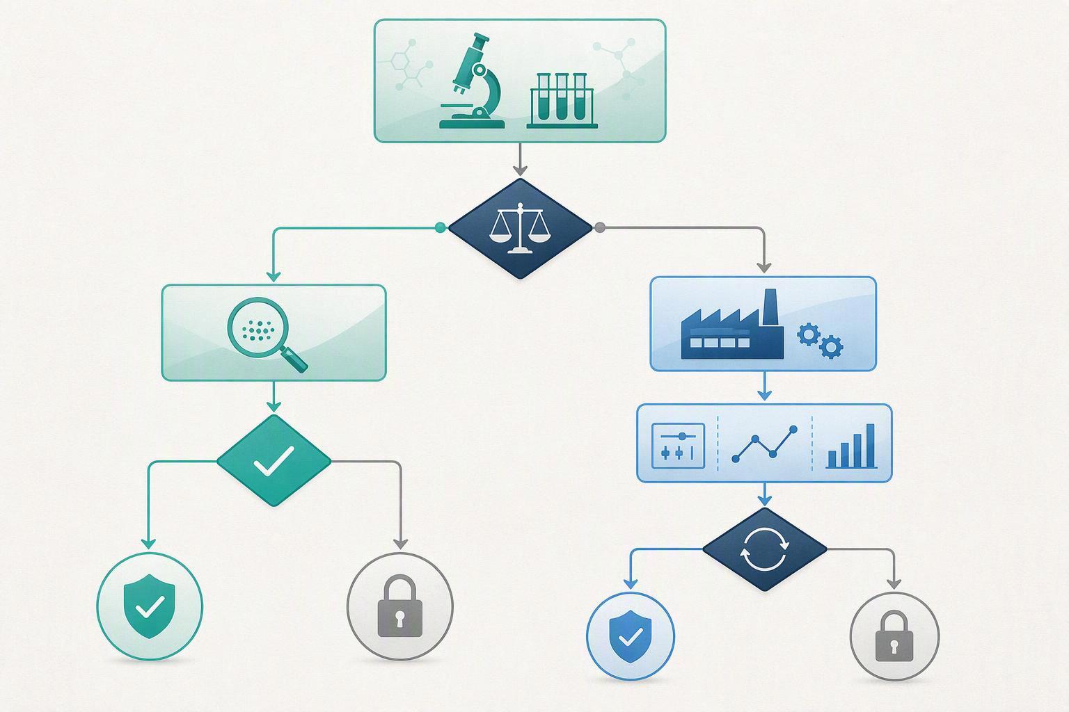 a decision flow from a failed specification attribute through Phase 1 laboratory investigation to either an assignable lab cause or escalation to Phas