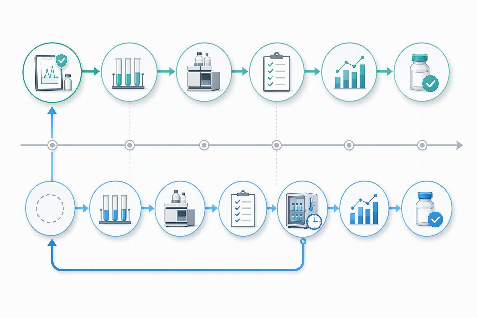 a timeline contrasting two program paths: one where stability-indicating method design begins at program start and one where it begins at late-stage s