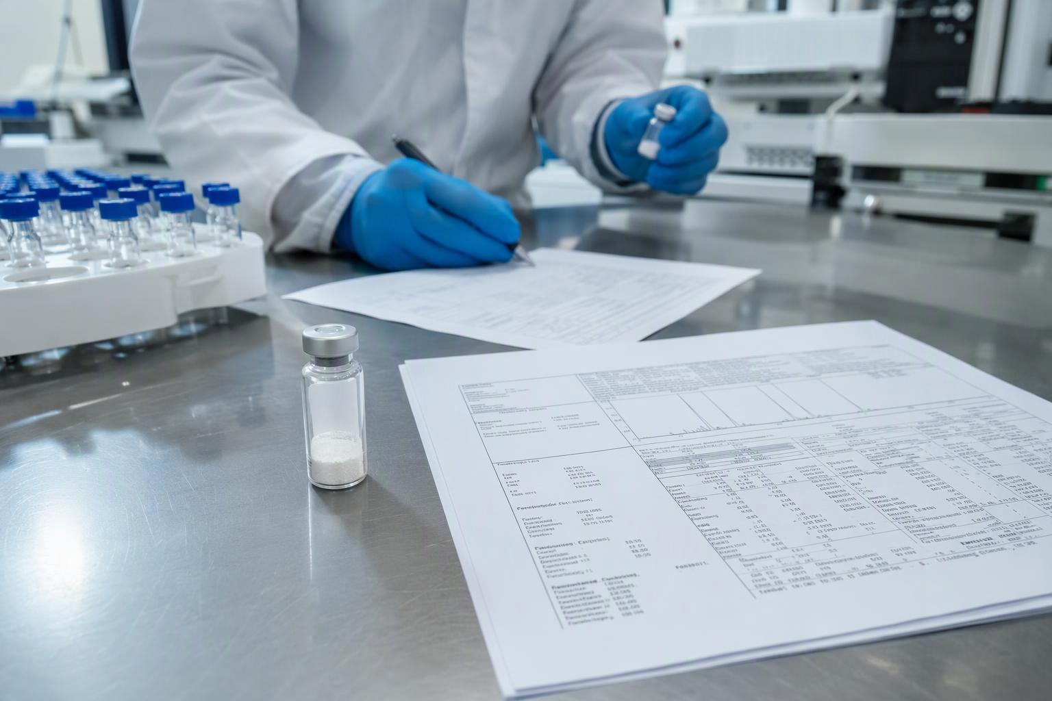 a laboratory bench with a lyophilized peptide vial beside a printed certificate of analysis, the vial label partially turned away from the camera