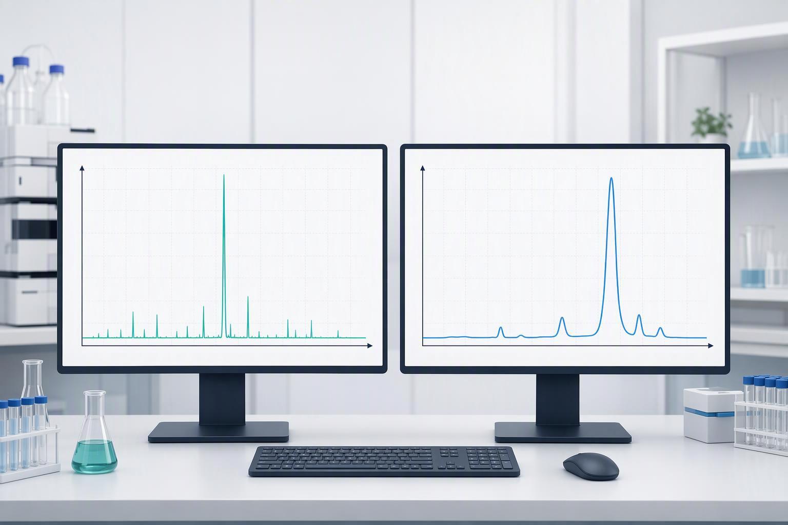 two side-by-side analytical readouts — a mass-spectrometry identity confirmation showing a molecular-weight match, and an HPLC chromatogram showing a 