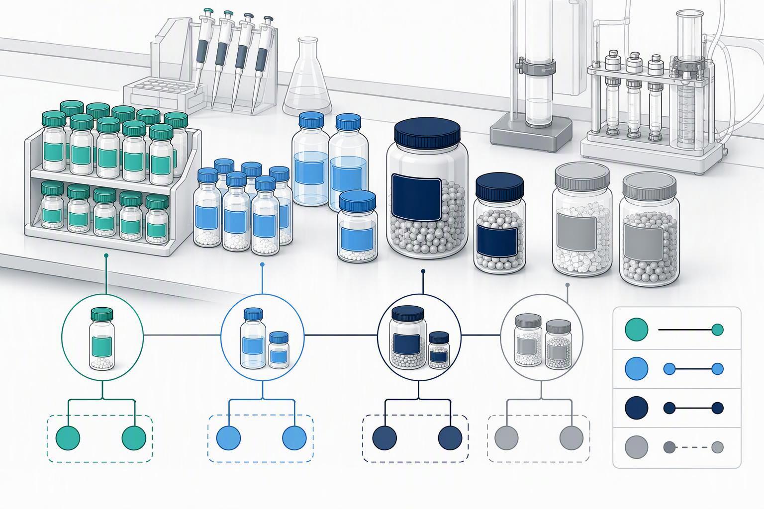 a dependency map showing a peptide synthesis workflow with Fmoc-protected amino acids, միացման ռեակտիվներ, resins and chromatography media each tagged