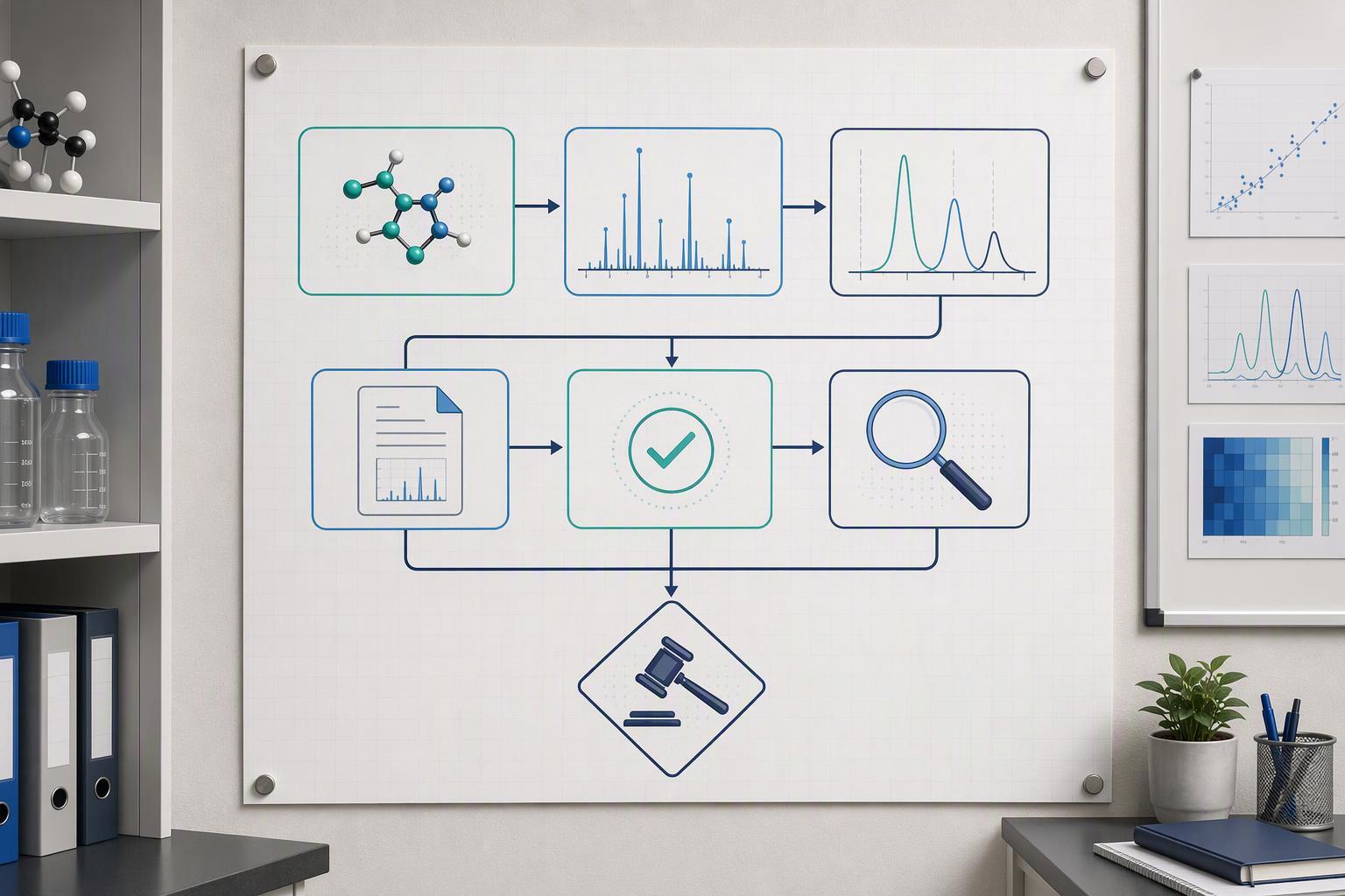 a six-stage qualification flow from identity confirmation through purity review, documentation check, intended-use check, transparency check, to a qua