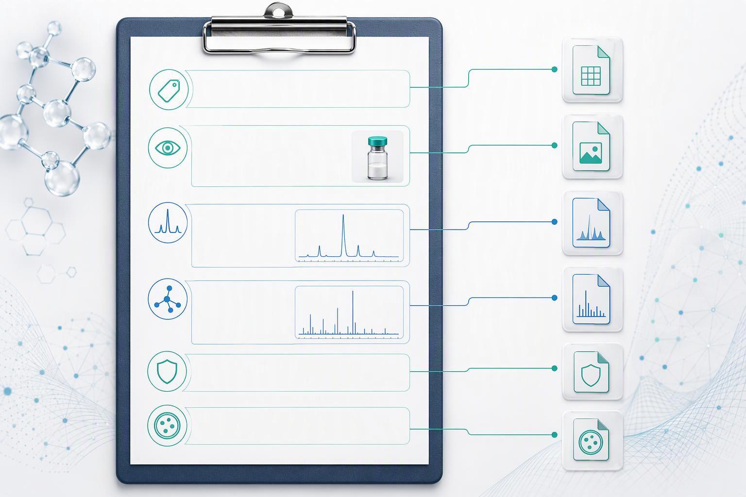 a single CoA page laid out with its fields labelled — lot number, appearance, purity by HPLC with the chromatogram inset, identity by MS with the spec