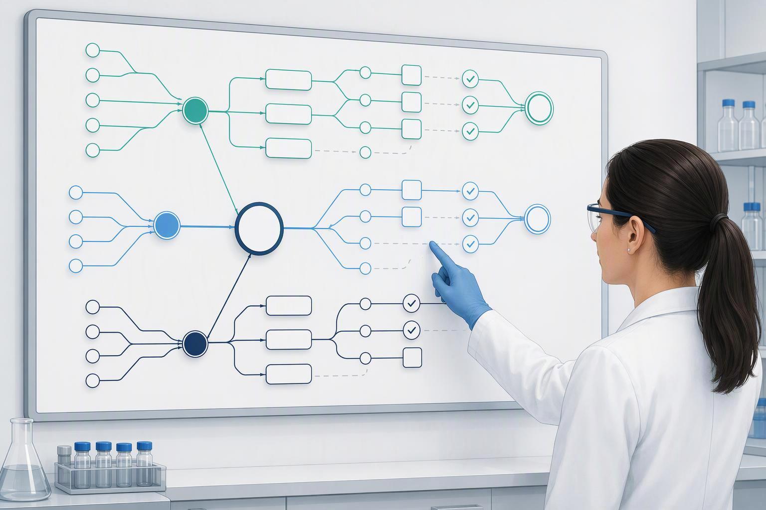 a batch genealogy map showing one peptide lot branching down to resin, acide aminé, and solvent lots, then across to process parameters, in-process che