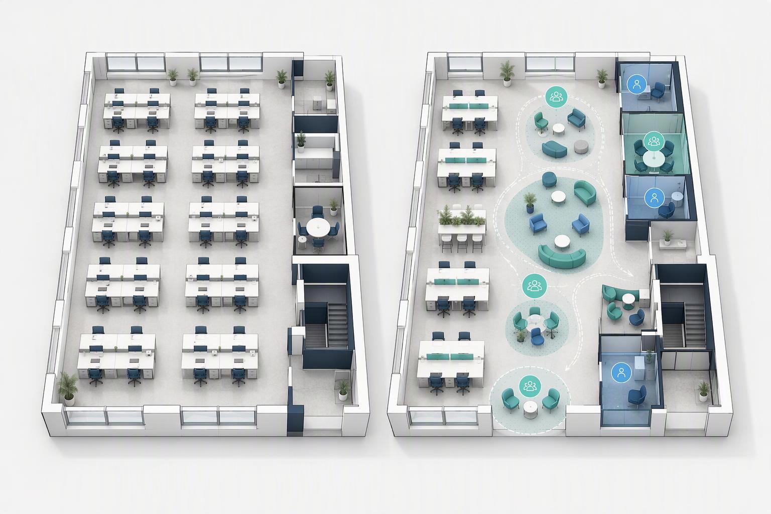 a schematic floor plan contrasting a fixed-desk layout with a zoned, desk-sharing layout, with encounter zones and focus rooms marked