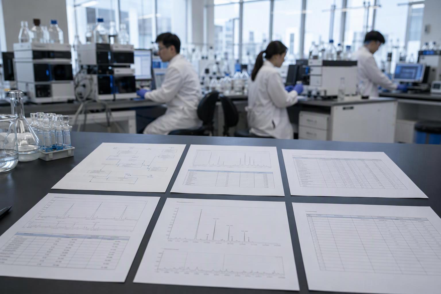 a flat-lay of the documents and data objects in a peptide transfer package — route rationale sheet, analytical method with gradient program, urenhed-