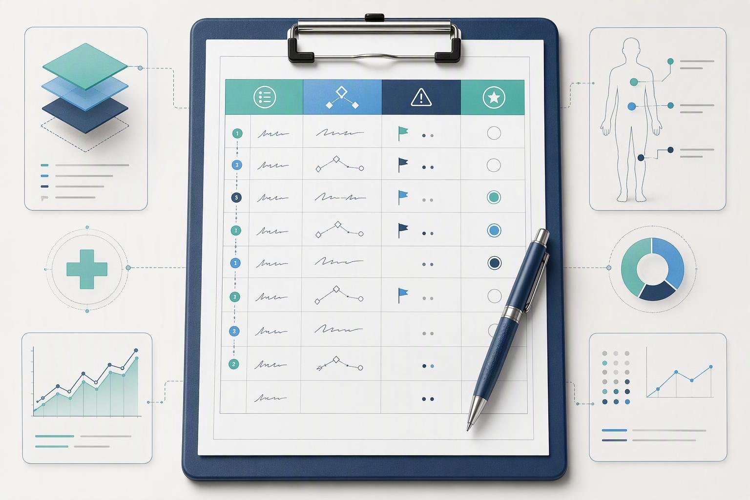 a triage worksheet with columns for sequence, decision supported, difficulty flags, and priority, partially filled in