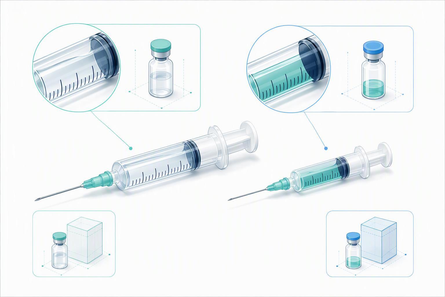 a side-by-side comparison of an IV infusion bag delivering a large volume at low concentration and a subcutaneous syringe delivering a small volume at