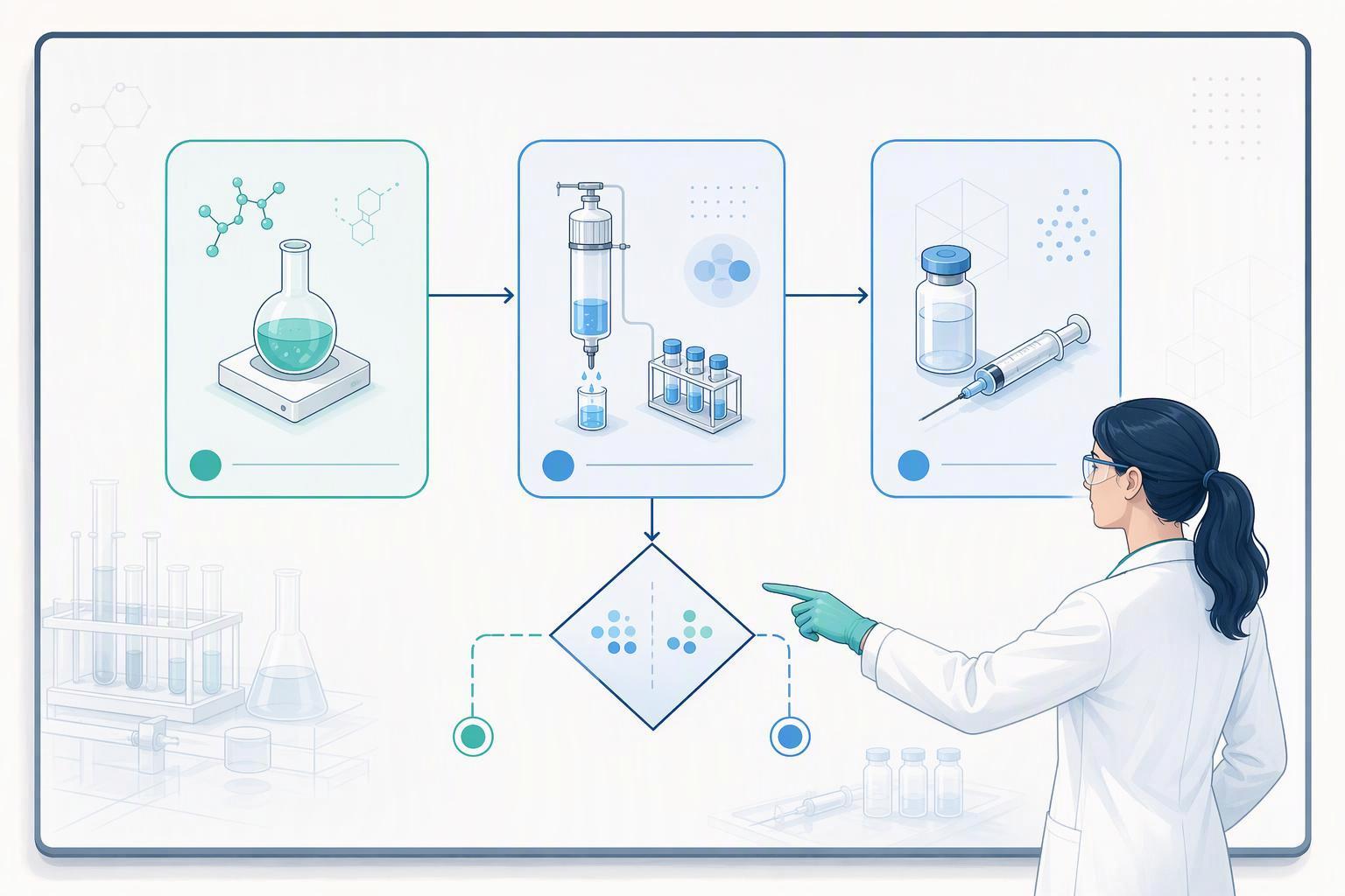 a workflow diagram showing a peptide sequence moving through synthesis, suiwering, counterion exchange from TFA to acetate, and into formulation, w