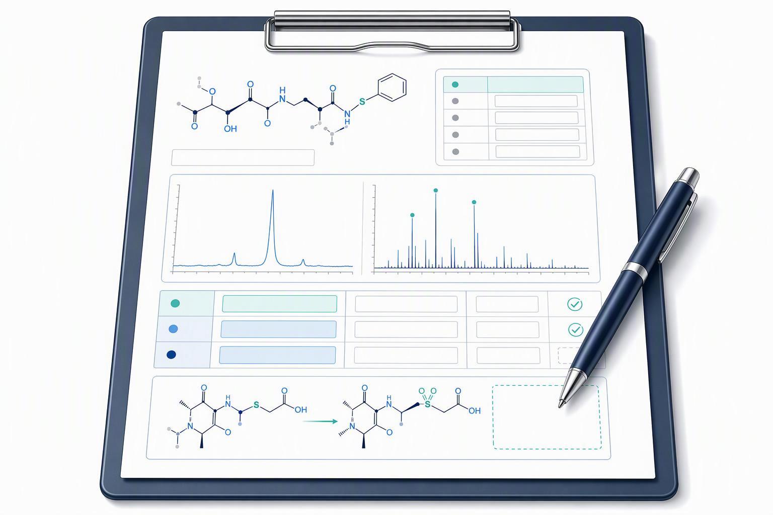a certificate-of-analysis excerpt with the purity, mass and modification-confirmation fields highlighted, and the fields a standard CoA omits marked a
