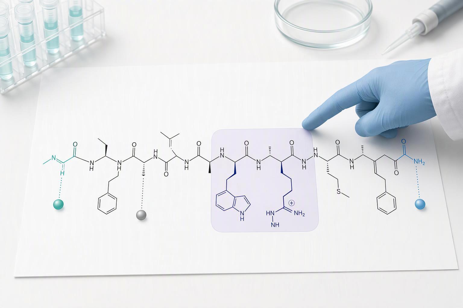 a peptide sequence schematic marking the N-terminus, محطة C, an internal side chain and a spacer-mediated attachment point, with the binding-criti