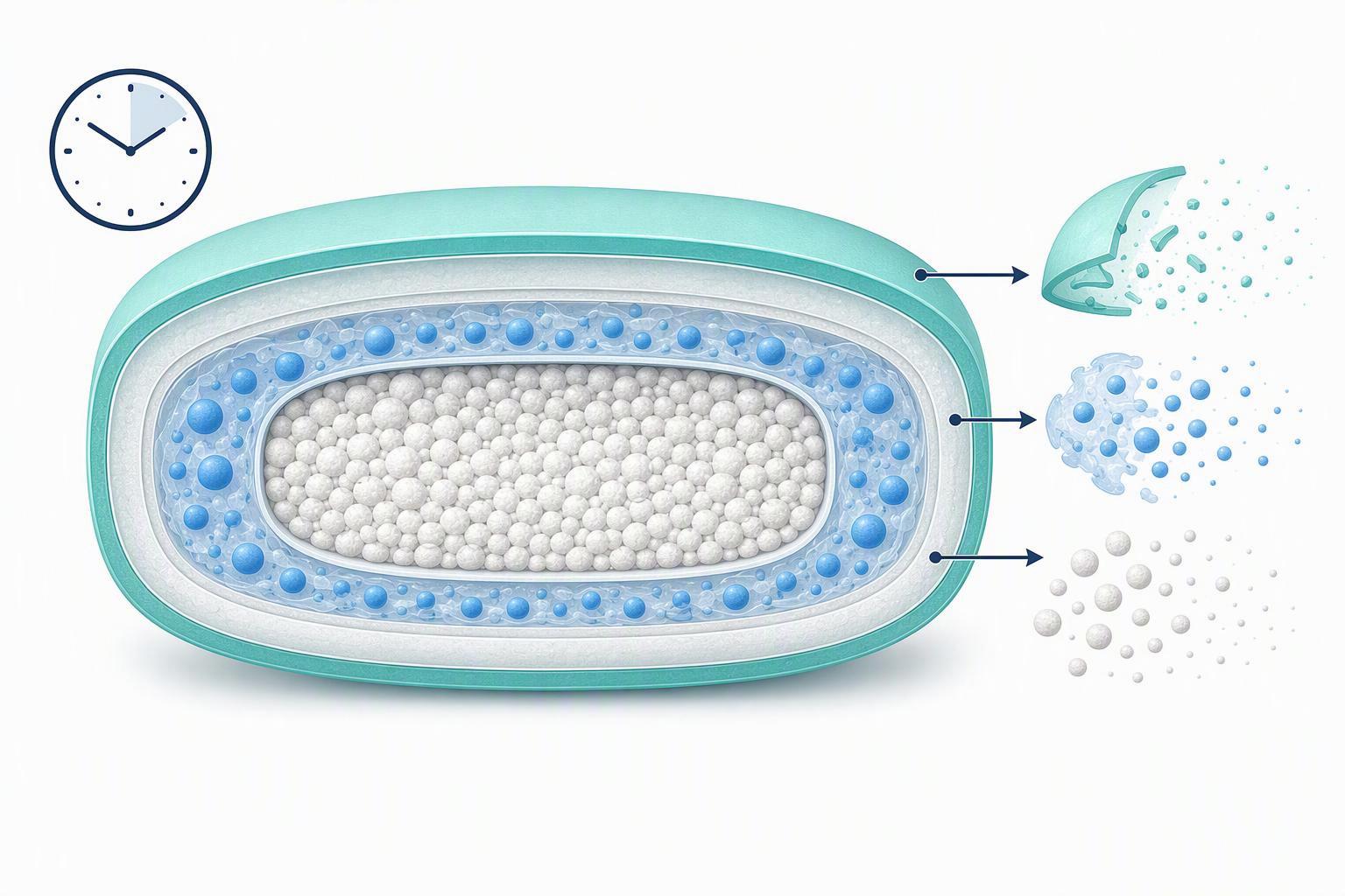 a cross-section of an oral peptide tablet showing the enteric coat, the peptide and enhancer co-formulation, and the release sequence, with the fastin
