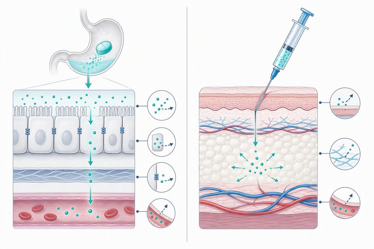 a two-column schematic showing the oral candidate's path through the stomach and intestinal epithelium beside the injectable control's direct subcutan
