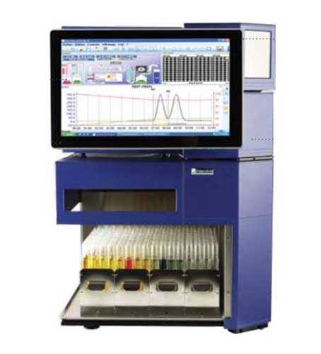 a preparative HPLC system and fraction collector in a cleanroom setting, with collected fractions visible