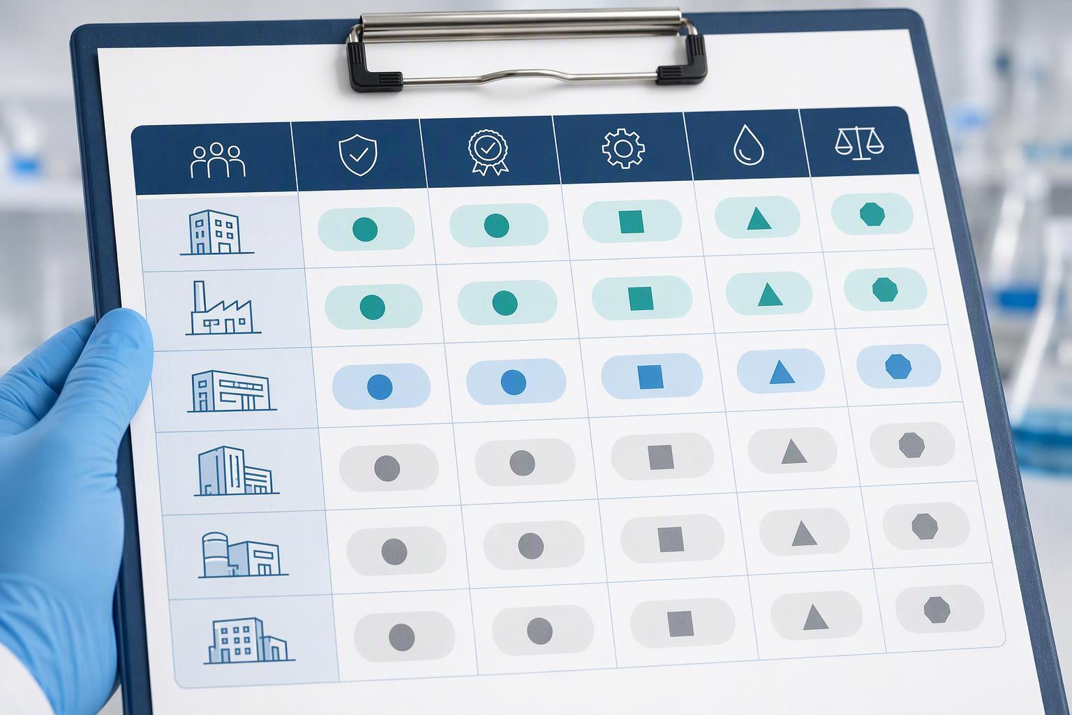 an anonymised site-qualification evidence table with columns for legal entity, quality-system status, GMP status, equipment equivalency, utilities and
