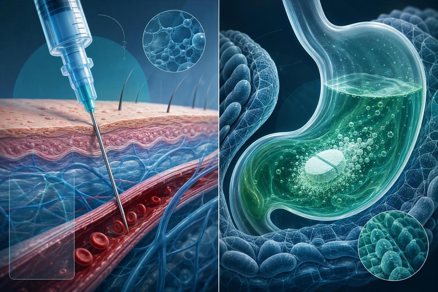 a conceptual split image contrasting an injectable peptide reaching the bloodstream directly with an oral peptide facing the stomach and intestinal ba