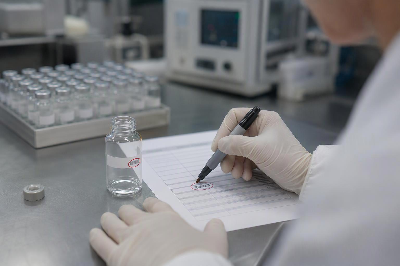 a laboratory bench with an open sterile vial, a certificate of analysis printout beside it, and the lot number on each circled for comparison