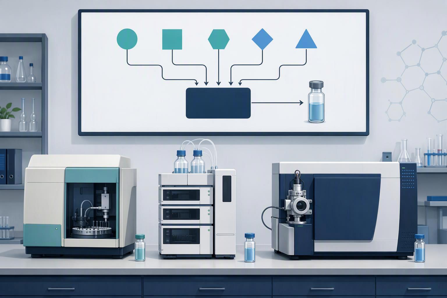 a peptide characterization workflow showing primary sequence confirmation, orthogonal identity methods, physicochemical testing and counterion identit
