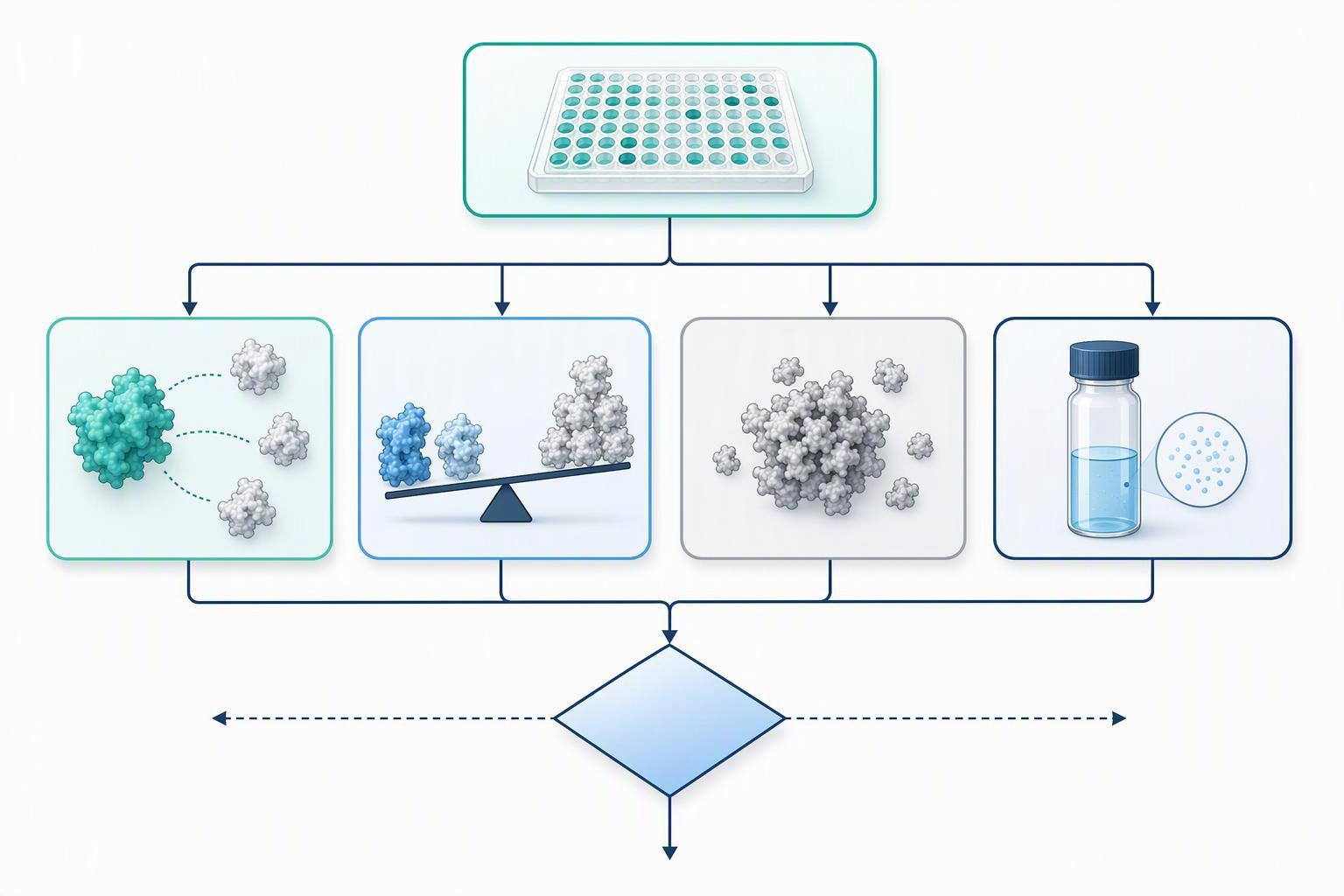 a triage flowchart from primary-screen signal through the four artefact challenges — promiscuity, super-stoichiometric binding, aggregation, solubilit